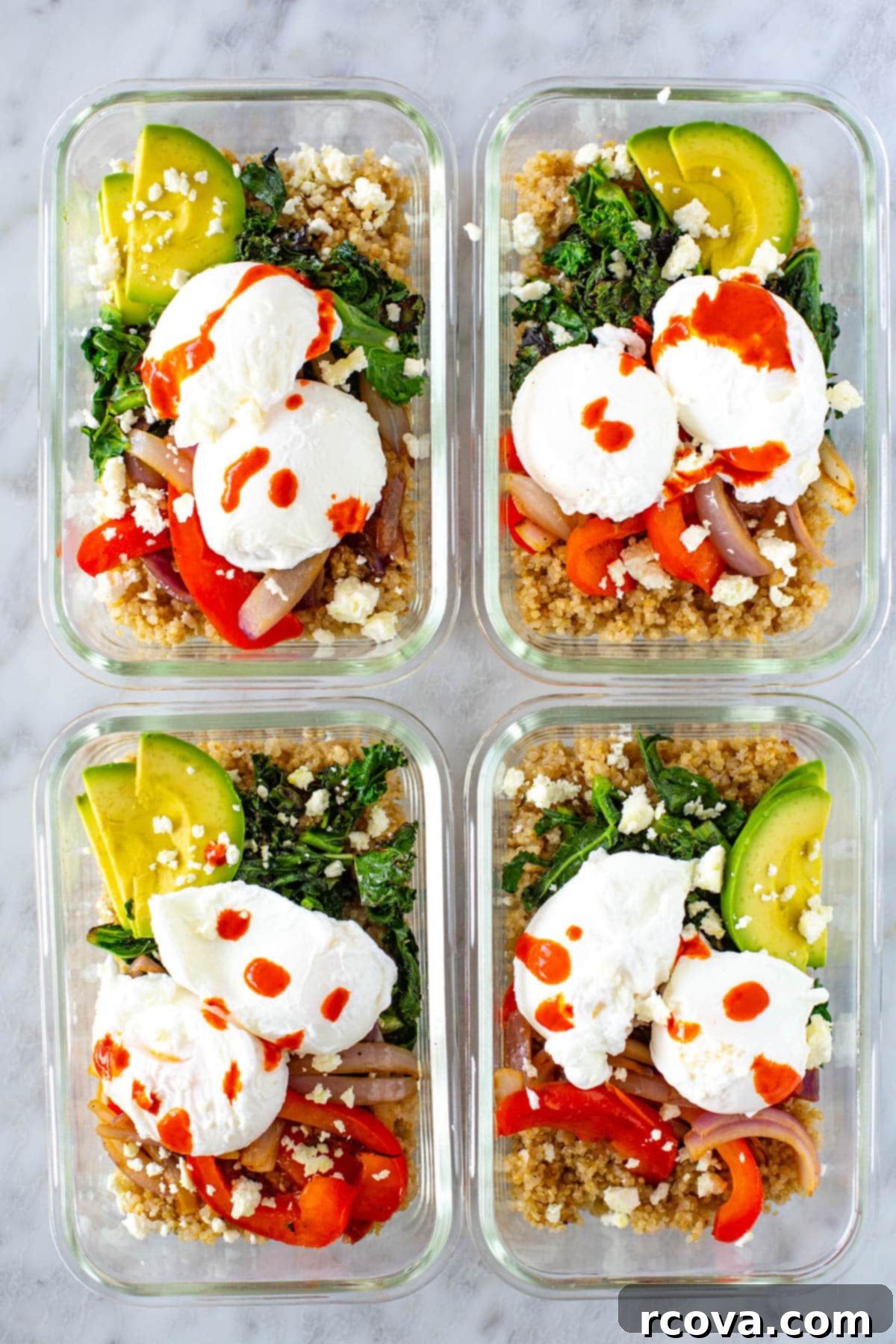 Hearty Savory Quinoa Breakfast Bowl 9 Quinoa breakfast bowls in glass meal prep containers