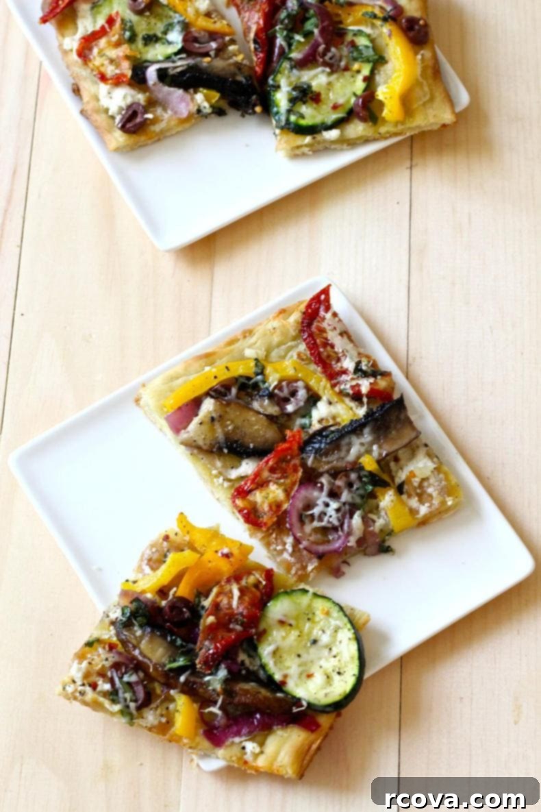 Rustic Roasted Vegetable Flatbread 6 Close-up of a fully prepared and baked Roasted Vegetable Flatbread, ready for cutting