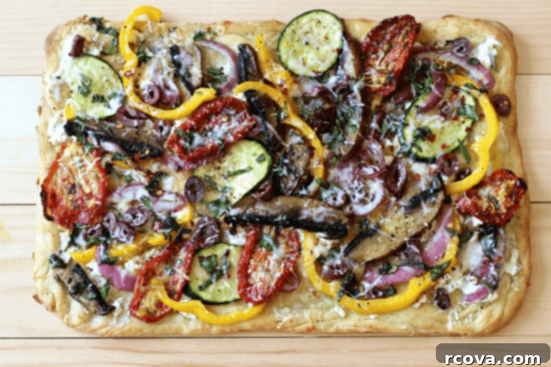 Rustic Roasted Vegetable Flatbread 7 A beautifully presented Roasted Vegetable Flatbread, ready for serving