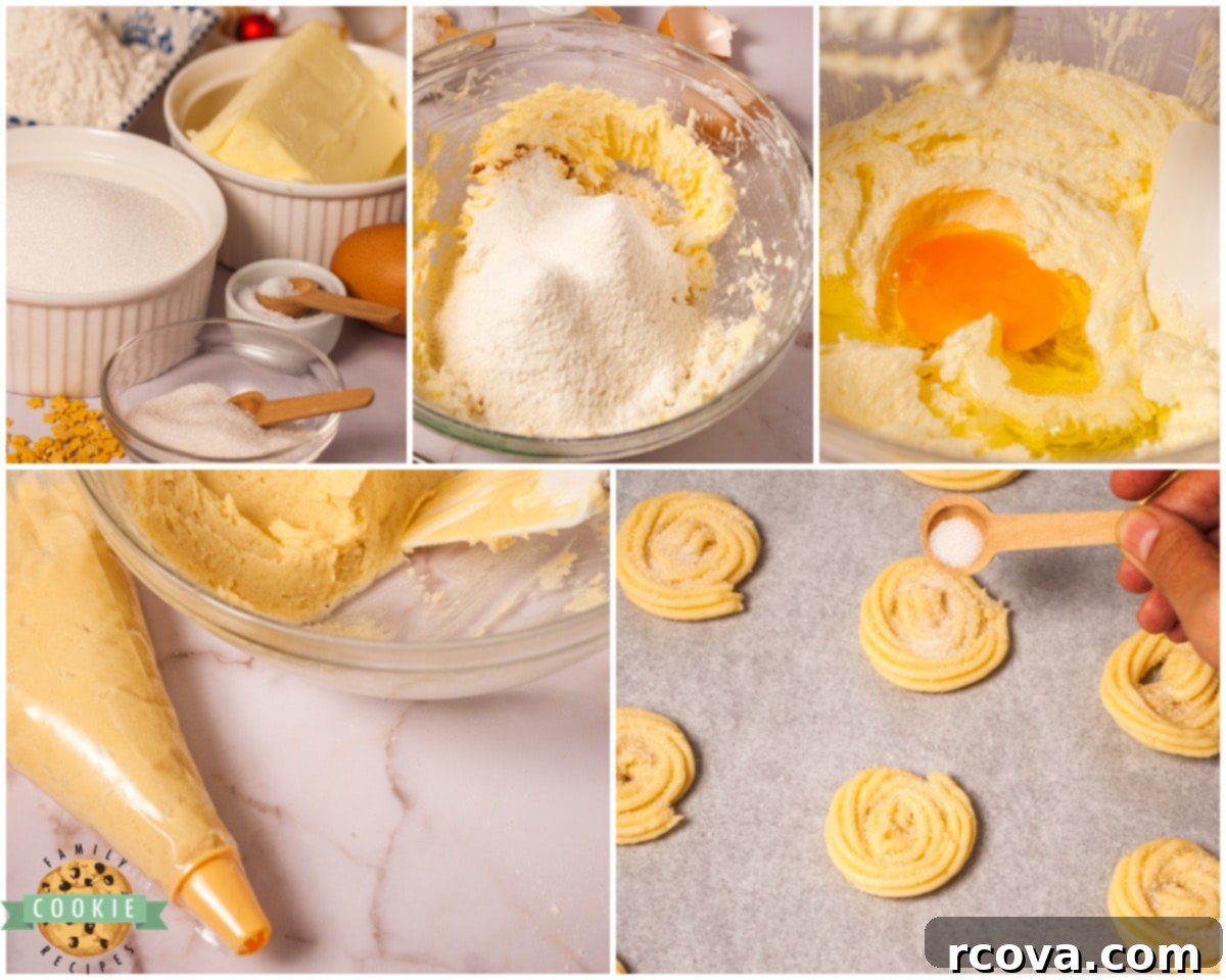 Classic Danish Butter Delights 5 Ingredients laid out for making Danish Butter Cookies, highlighting fresh butter, flour, sugar, eggs, and vanilla extract.