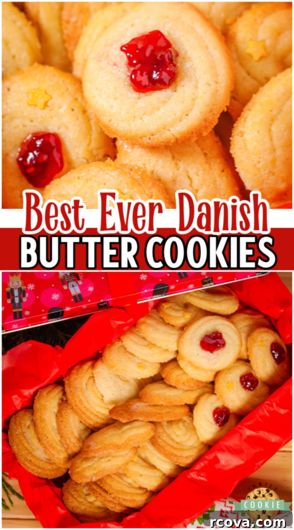 Classic Danish Butter Delights 8 Danish Butter cookies are crisp and buttery cookies made with just 5 ingredients! Make these cookies all year long to enjoy the tender sweet cookie anytime! A beautiful close-up shot of golden-brown butter cookies.