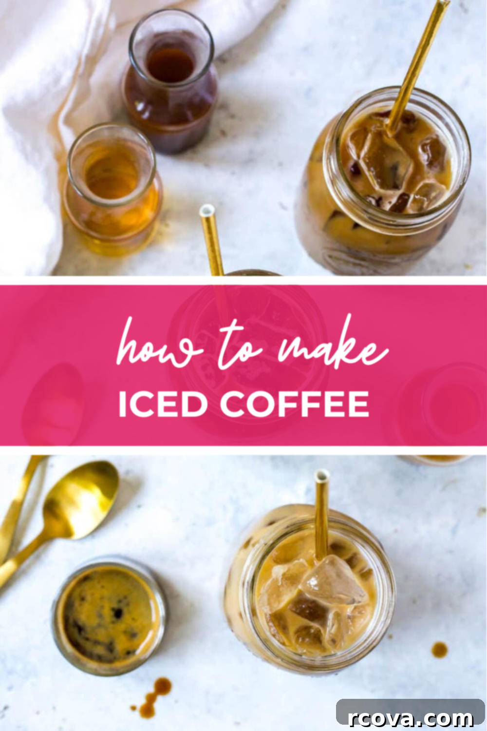 Unlock the Secrets to Amazing Iced Coffee 11 overhead shot of drinks in a glasses drinking glasses with pink banner in the middle - reading "hot to make iced coffee"