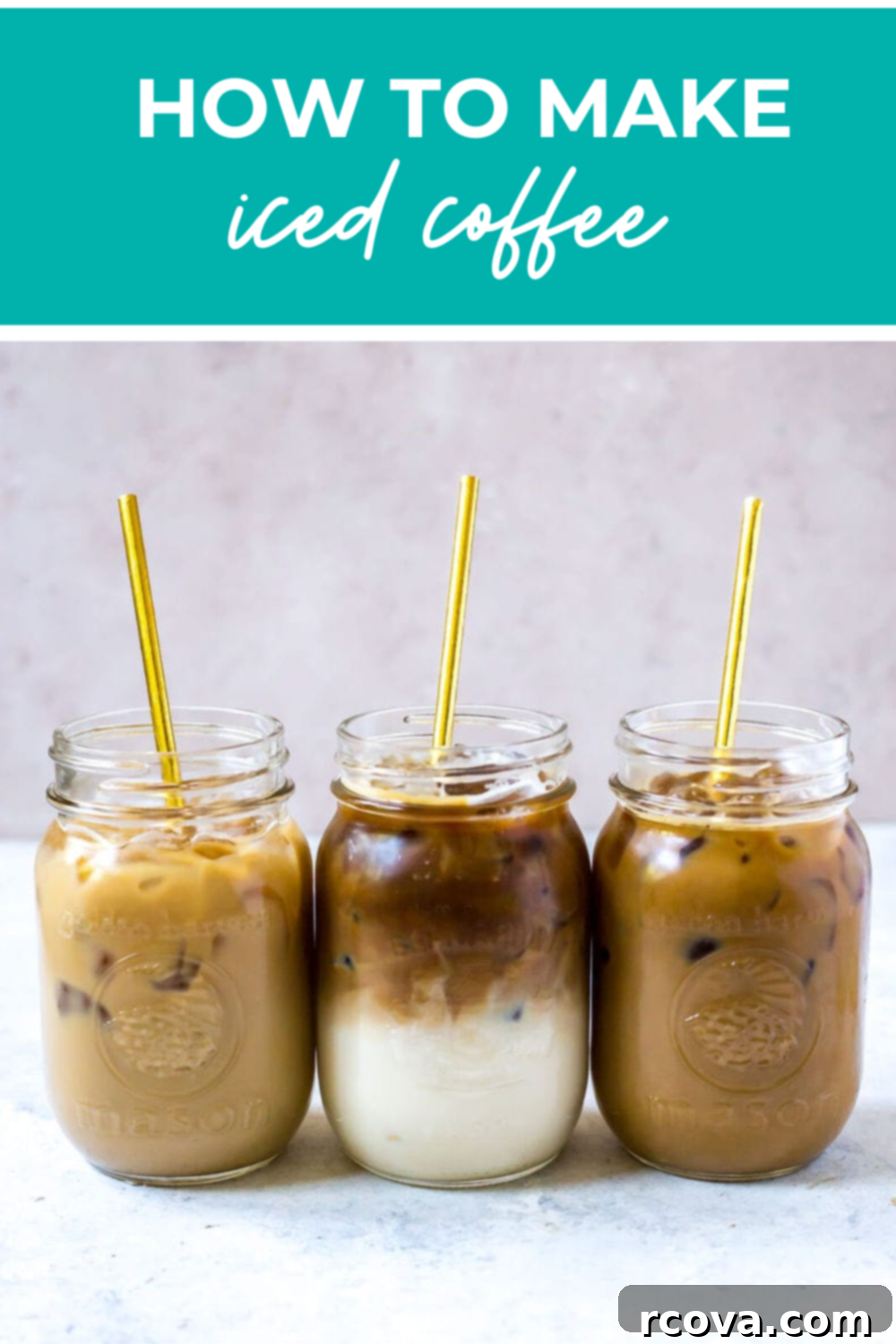 Unlock the Secrets to Amazing Iced Coffee 12 overhead shot of drinks in a glasses drinking glasses with green banner on the top - reading "hot to make iced coffee"