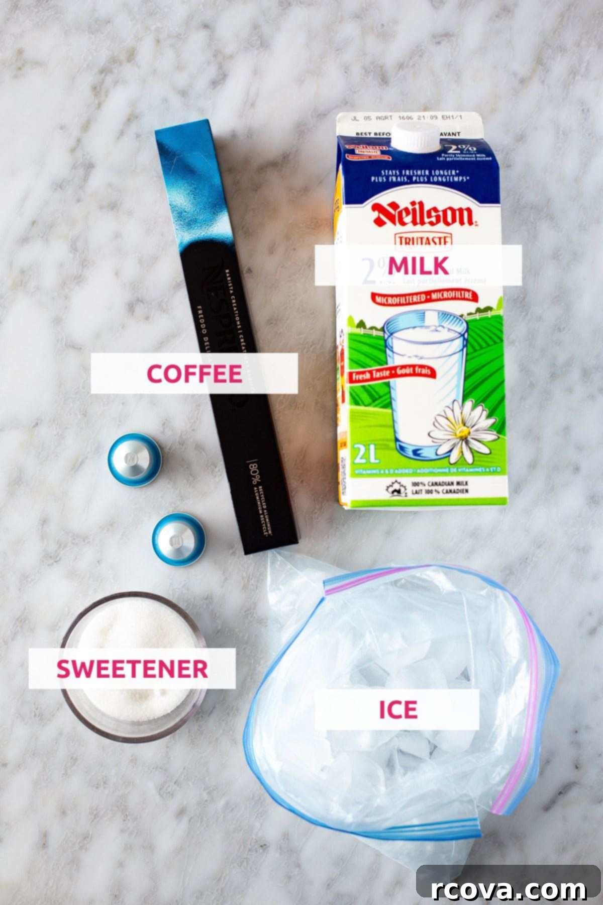 Unlock the Secrets to Amazing Iced Coffee 4 Ingredients for making iced coffee: milk, coffee, sweetener and ice.