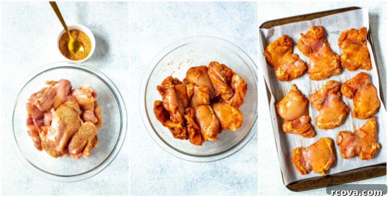 Juicy Baked Boneless Chicken Thighs 4 Step by step instructions collage for baked boneless chicken thighs: adding seasoning to thighs, ensuring seasoning is fully distributed, and putting thighs on prepared sheet pan.