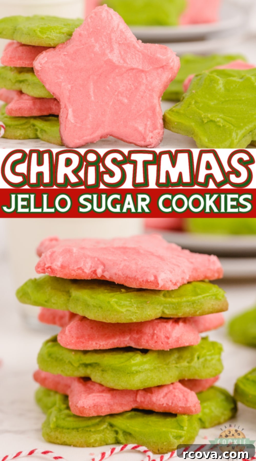 Jiggly & Jolly Christmas Sugar Cookies 9 Christmas Jello Sugar Cookies made with red and green Jello in the cookies and the frosting. Festive and flavorful cut-out sugar cookies that can be made with any flavor of Jello!