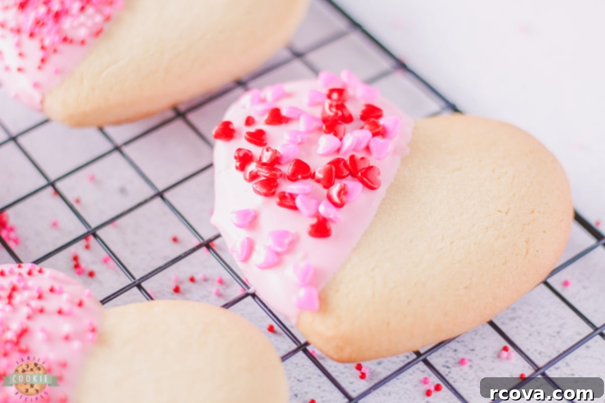 Love-Filled Heart Cookies 3 Close-up of Valentine Heart Cookies with pink chocolate and sprinkles
