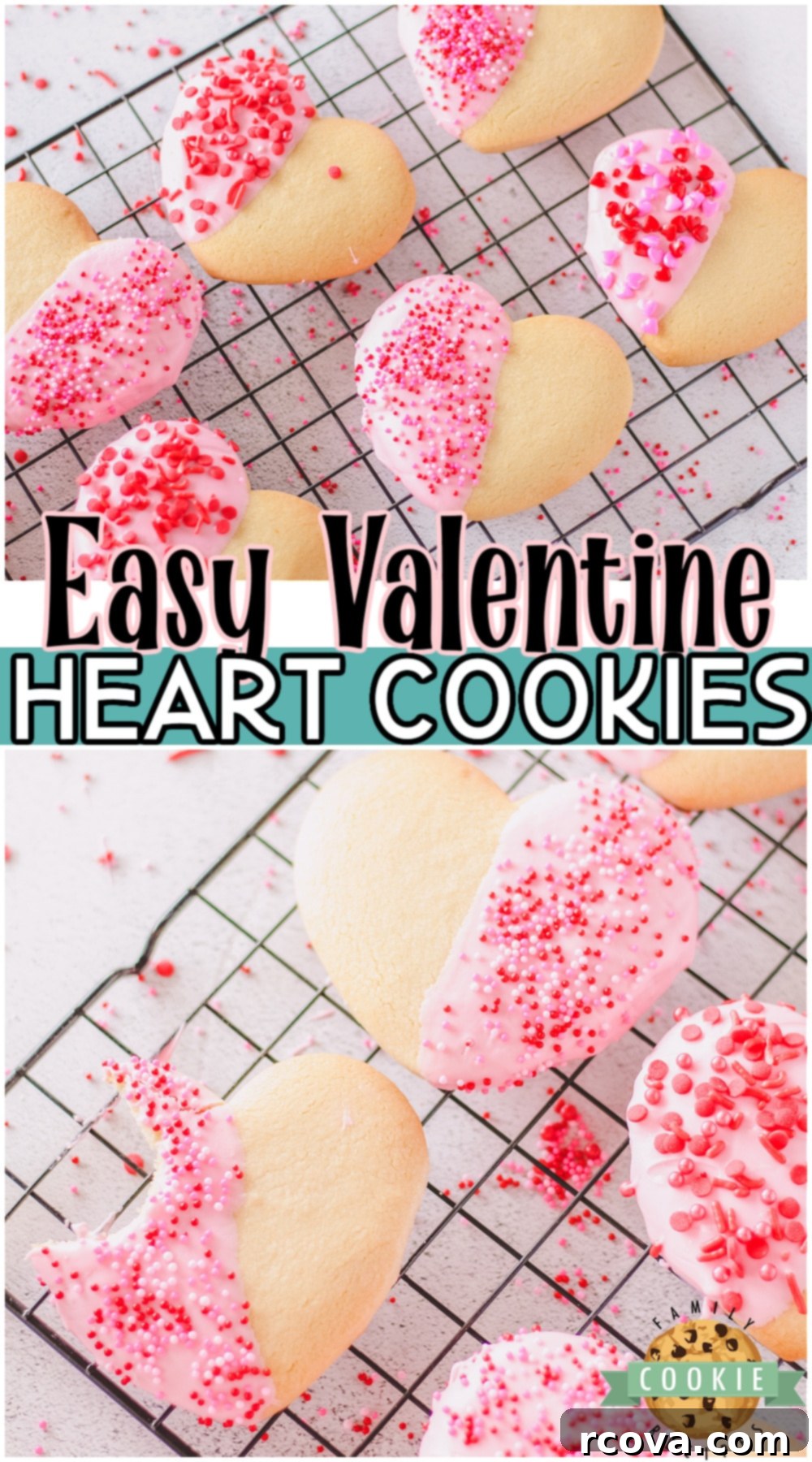 Love-Filled Heart Cookies 10 A stunning spread of Valentine Heart Cookies, buttery shortbread dipped in pink chocolate and topped with festive sprinkles. A simple, classic, and beloved Valentine's Day cookie recipe.
