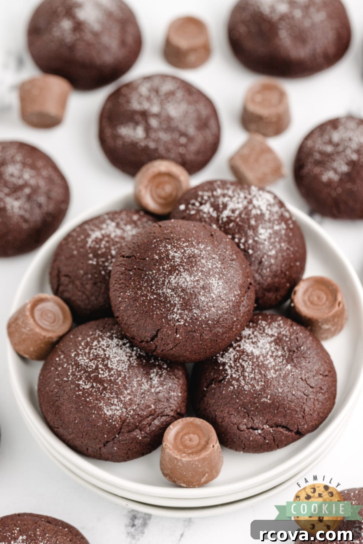 Rolo-Stuffed Cake Mix Cookies 6 Cake mix chocolate cookies with a Rolo in the middle.