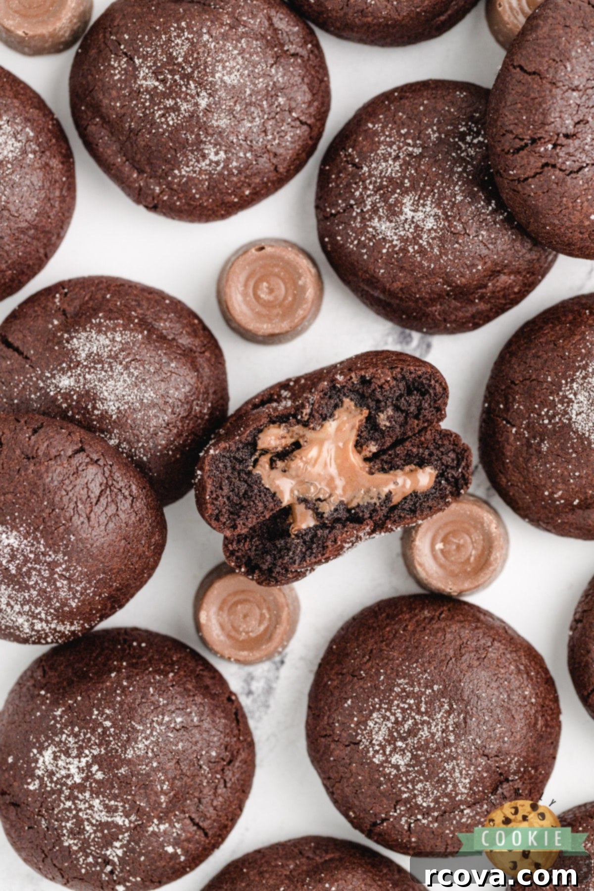Rolo-Stuffed Cake Mix Cookies 8 Chocolate caramel cake mix cookies.
