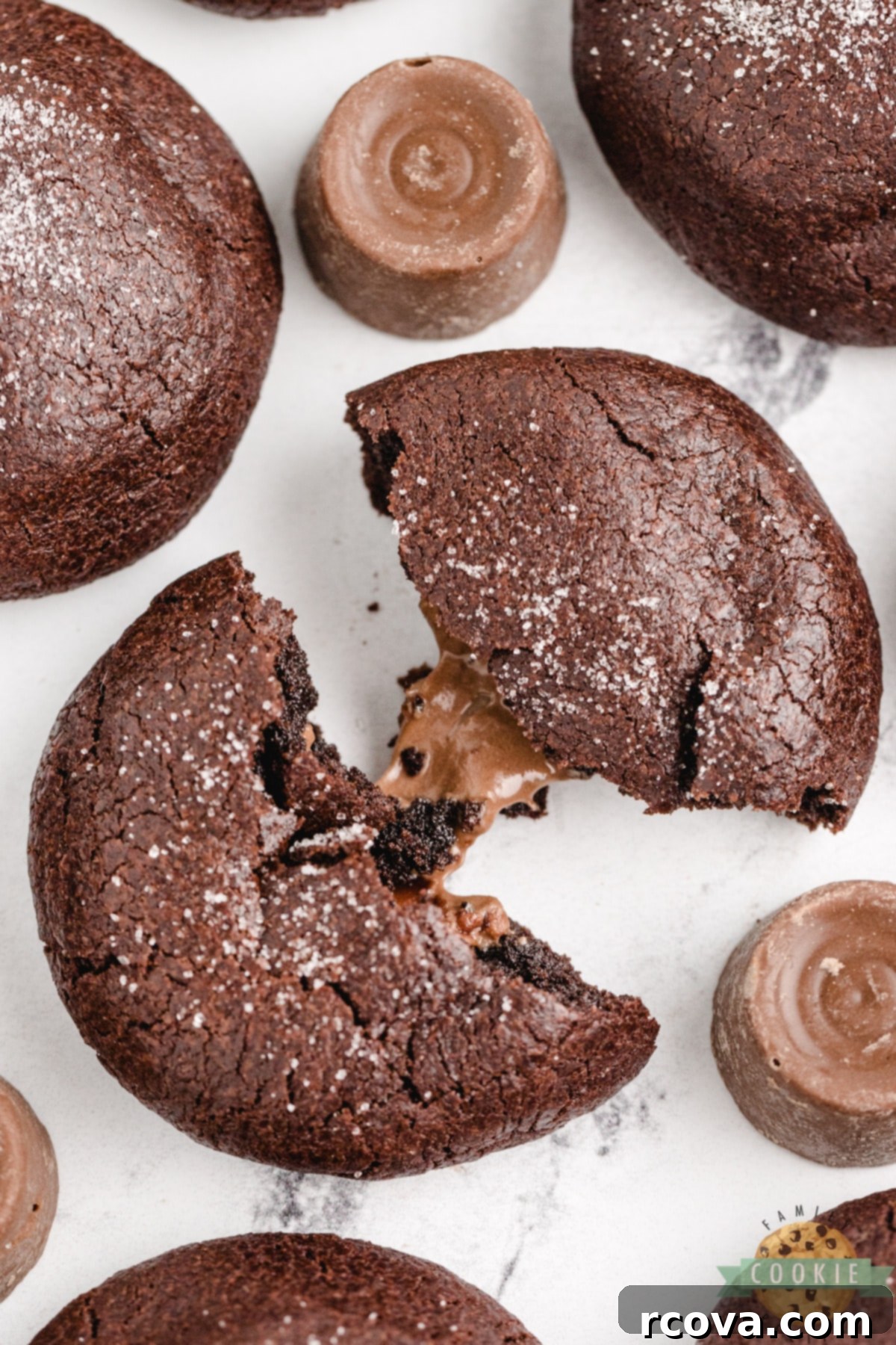 Rolo-Stuffed Cake Mix Cookies 9 Chocolate cake mix cookie with a rolo in the middle.