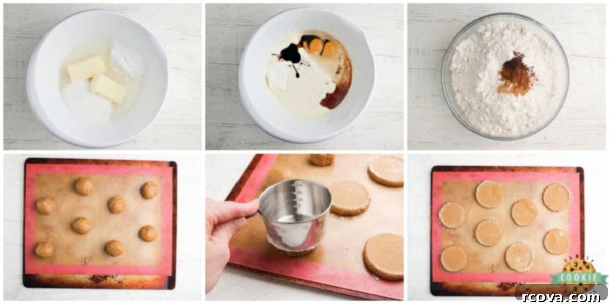 Festive Frosted Gingerbread Delights 5 Step-by-step instructions showing cookie dough being pressed and baked.
