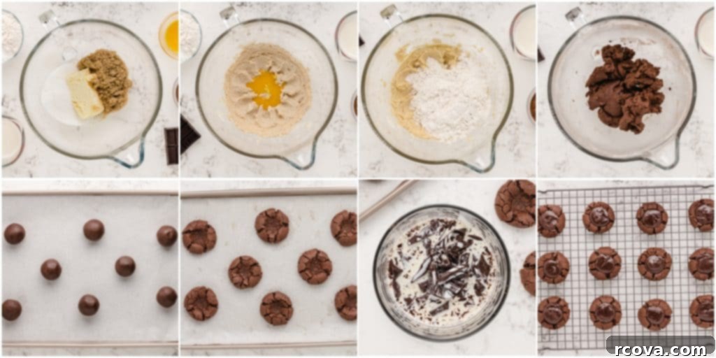 Decadent Double Chocolate Thumbprints 5 Step-by-step visual instructions showing the process of making double chocolate thumbprint cookies, from mixing ingredients to forming indentations.