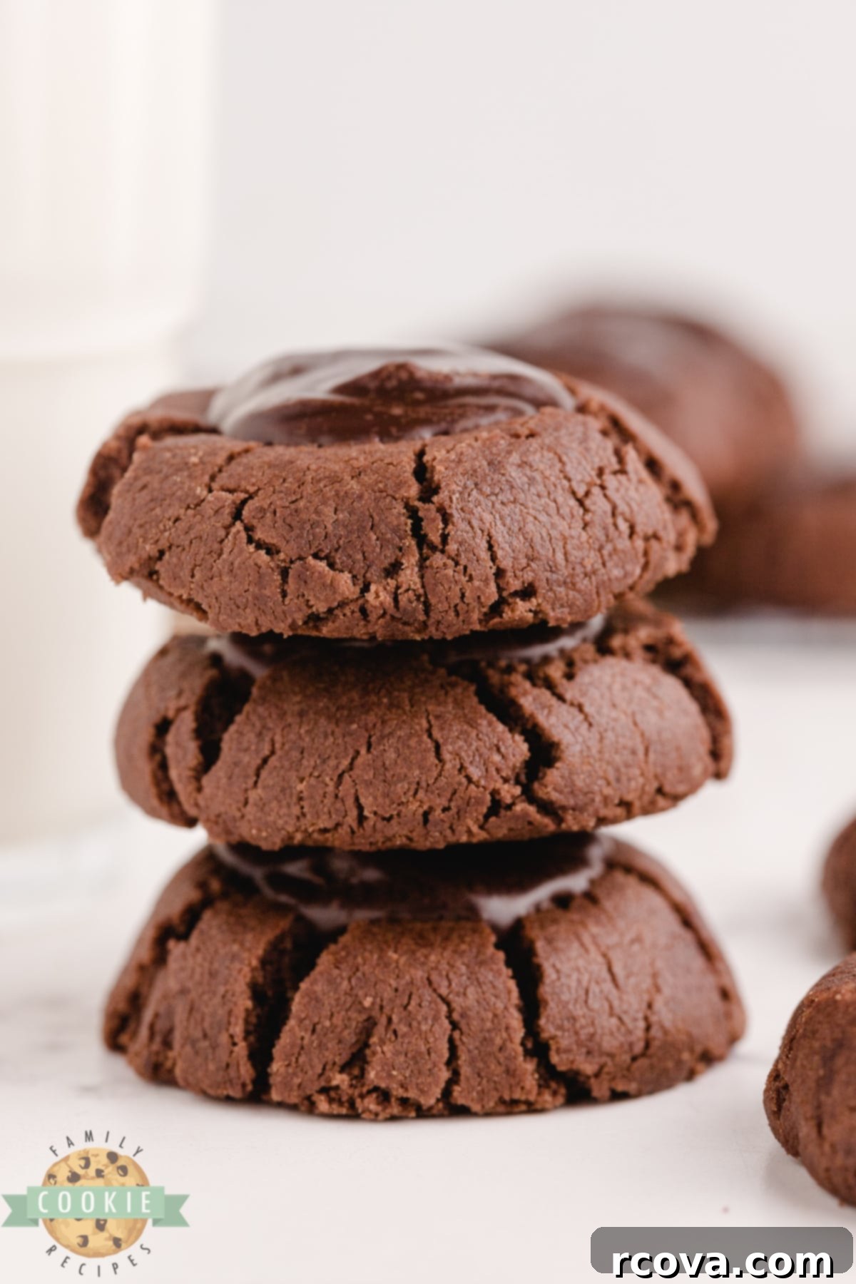 Decadent Double Chocolate Thumbprints 6 Close-up of a Double Chocolate Thumbprint Cookie with a perfectly set, glossy chocolate ganache filling, ready to be enjoyed.