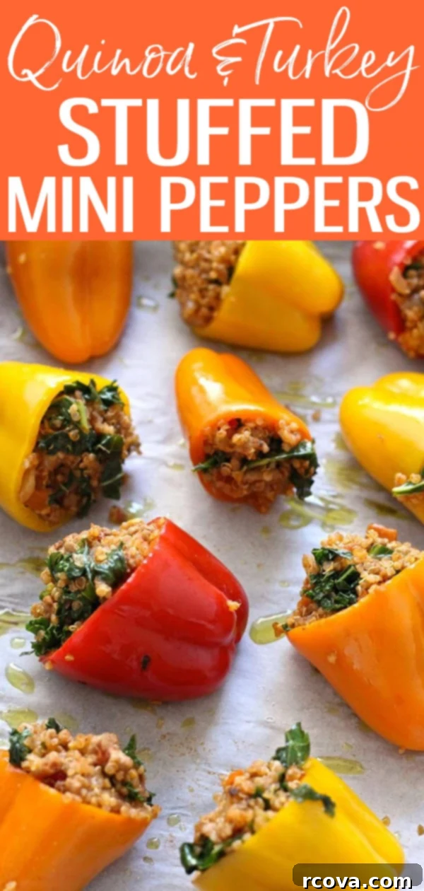 Stuffed Mini Peppers with Quinoa and Turkey 10 These Quinoa & Turkey Stuffed Mini Peppers are a fantastic go-to meal for busy weeknights – they’re also a great healthy appetizer! #stuffedpeppers