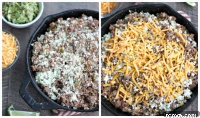 Cheesy Low-Carb Cauliflower Rice Taco Skillet 2 Close-up of the delicious Low-carb Cheesy Taco Skillet with melted cheese and fresh toppings