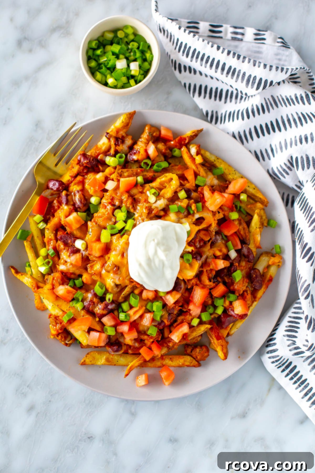 Next-Level Chili Cheese Fries 2 A big plate with chili cheese fries on top, loaded with tomato, green onions and sour cream.