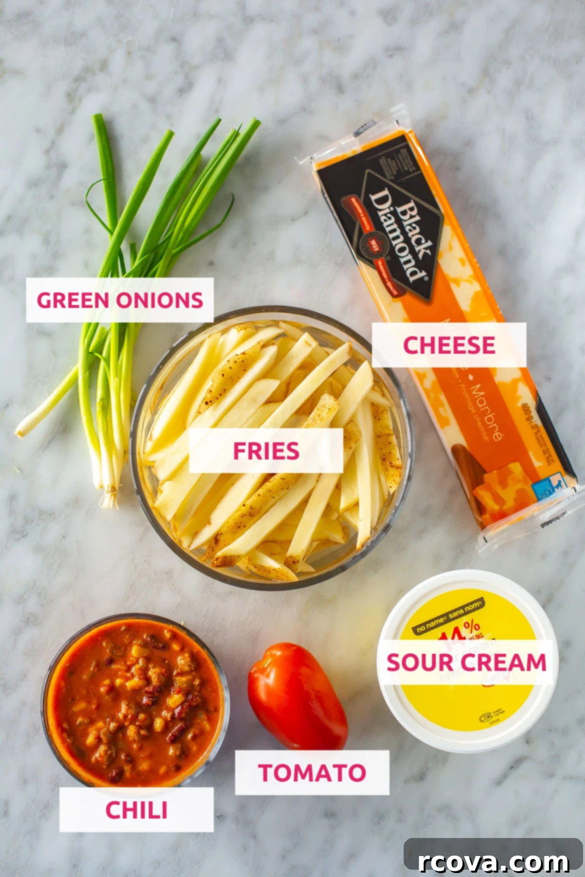 Next-Level Chili Cheese Fries 4 Ingredients for chili cheese fries: chili, tomato, sour cream, green onions, fries and cheese.