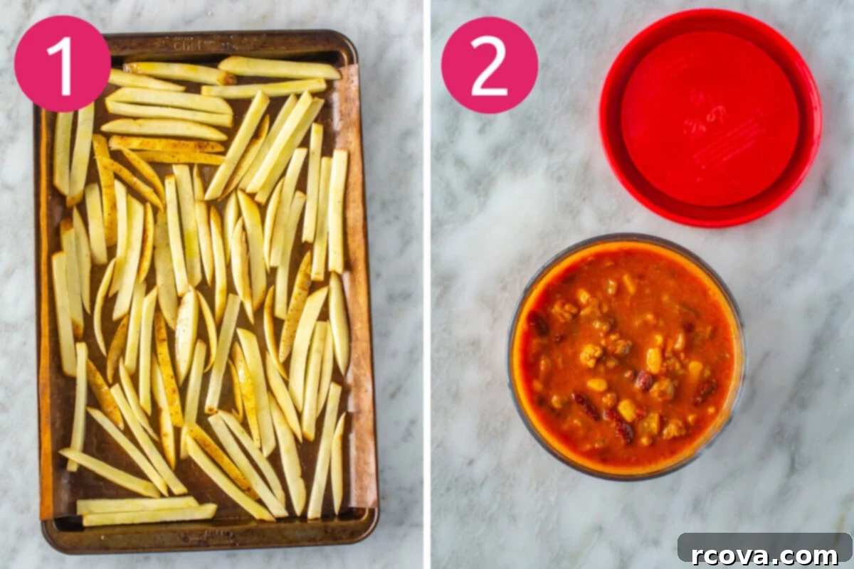 Next-Level Chili Cheese Fries 5 Steps 1 and 2 for making chili cheese fries: Cut the fries and prepare the chili.