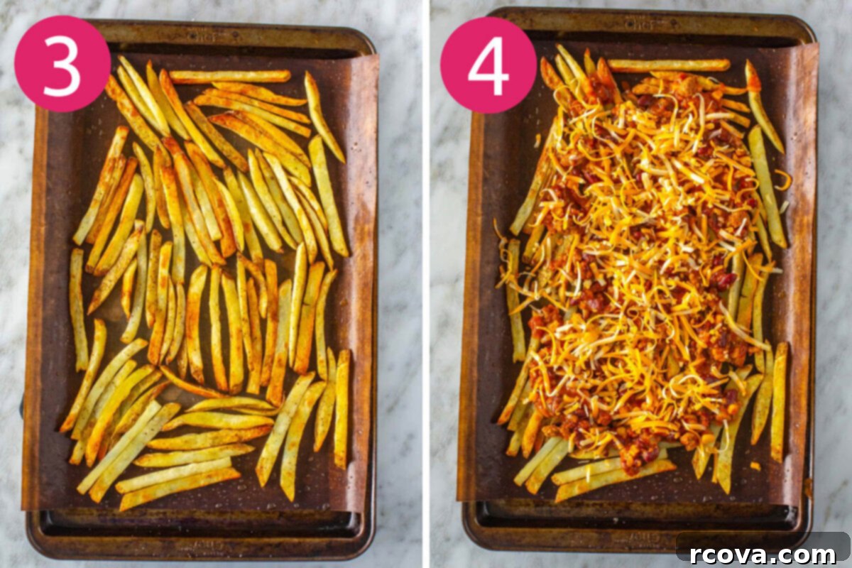 Next-Level Chili Cheese Fries 6 Steps 3 and 4 for making chili cheese fries: Cook fries then top with chili and cheese.