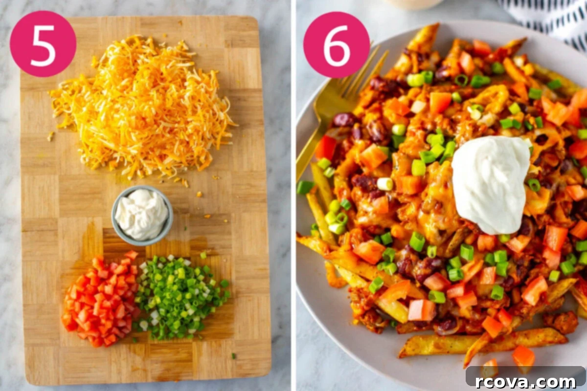 Next-Level Chili Cheese Fries 7 Steps 5 and 6 for making chili cheese fries: Prepare additional toppings then serve and enjoy.