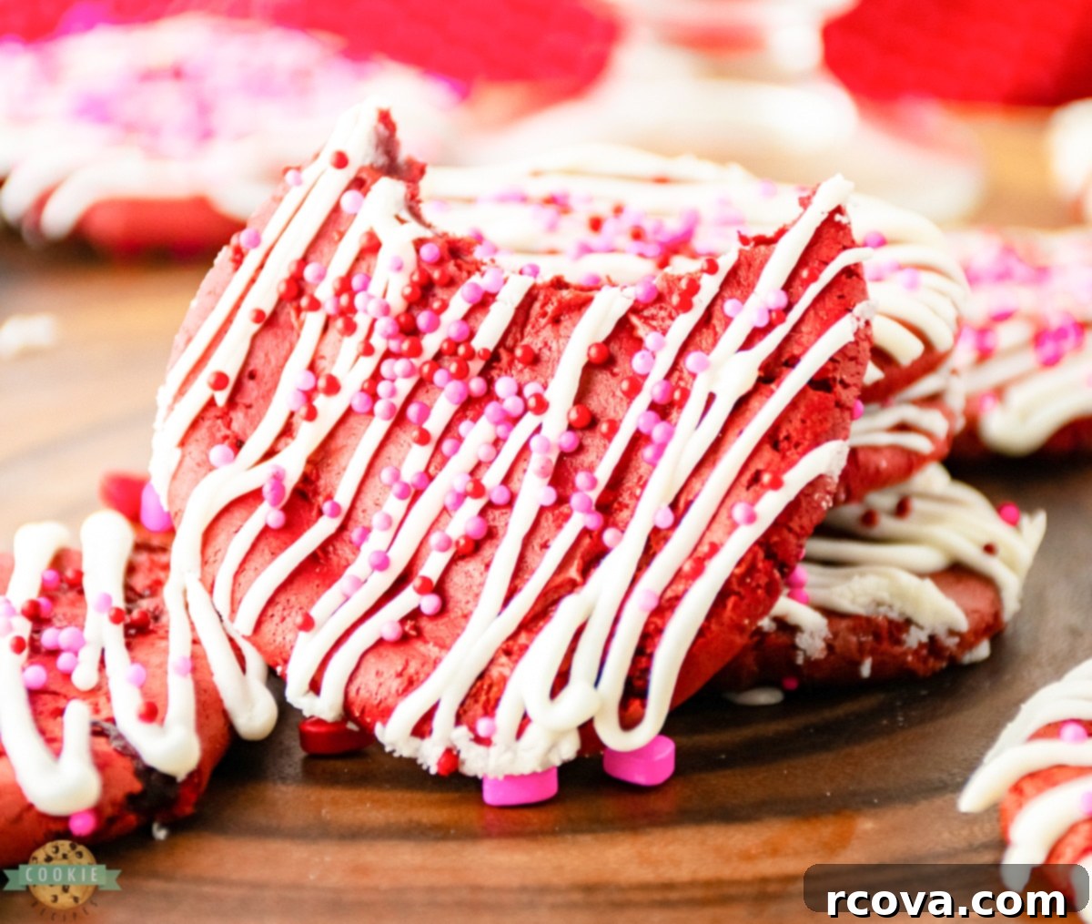 Sweetheart Red Velvet Quick Bites 3 Red Velvet Cake mix cookies with Valentines sprinkles and a bite taken out