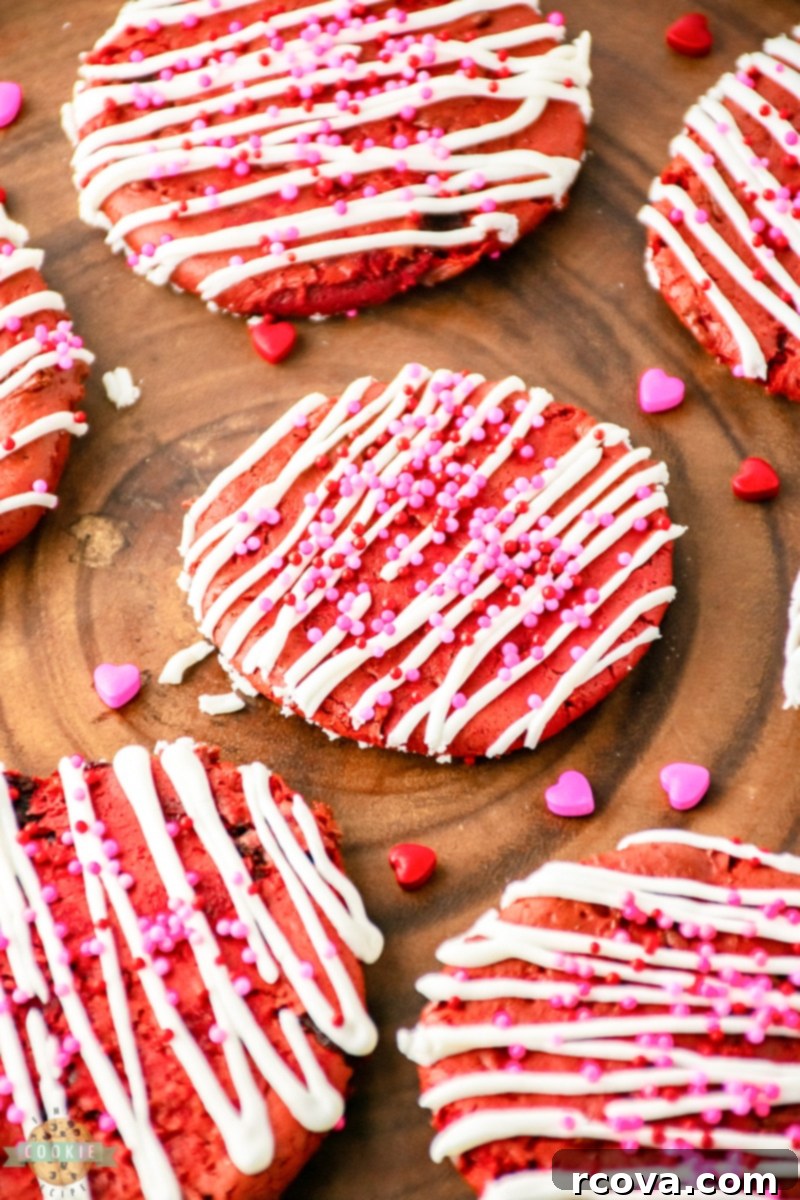 Sweetheart Red Velvet Quick Bites 6 red velvet cake mix cookies with a vanilla drizzle and Valentines sprinkles on a wooden table
