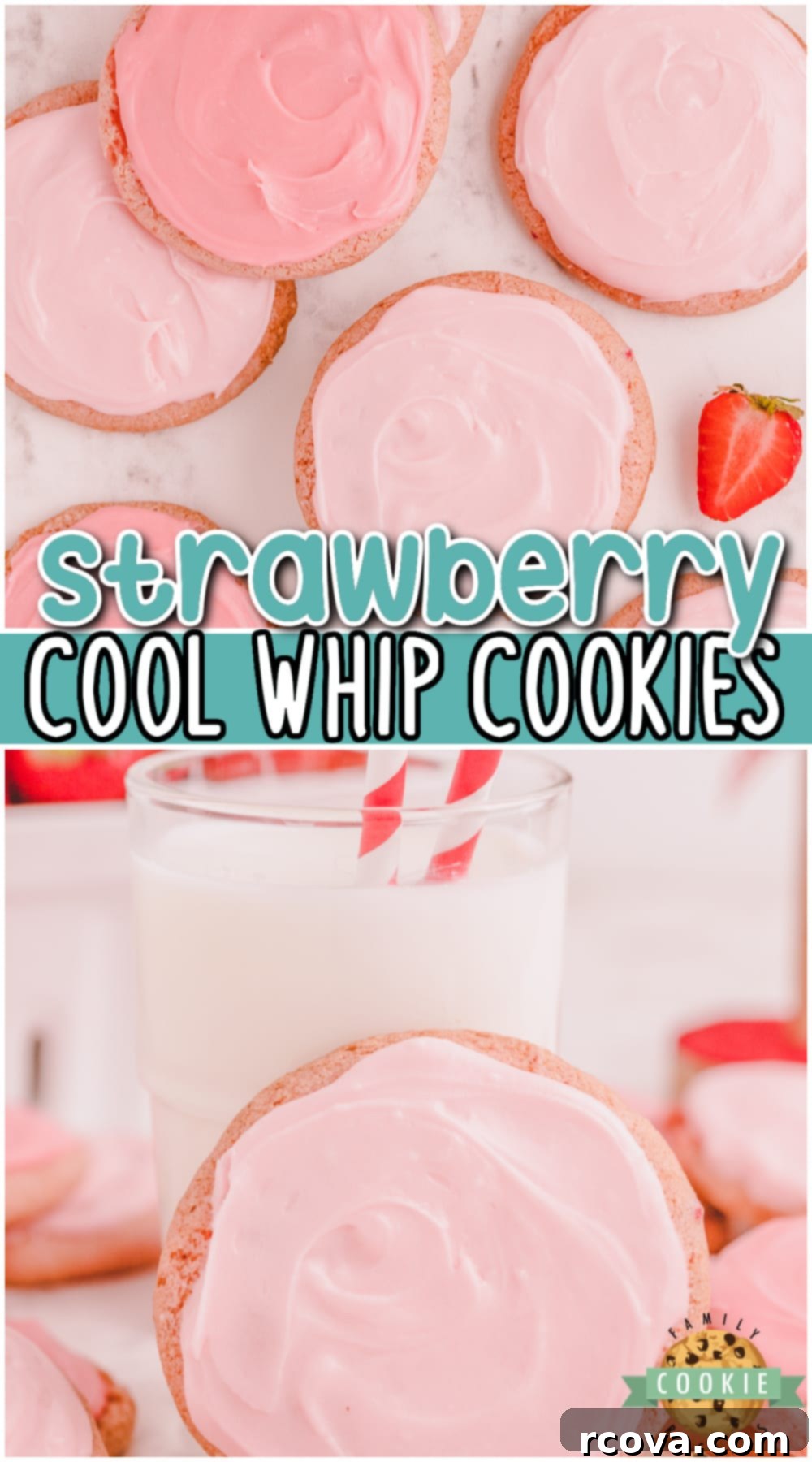 Strawberry Whipped Dream Cookies 11 Large collage image showcasing the Strawberry Cool Whip Cookies, emphasizing their deliciousness and ease of making with cake mix and Cool Whip.