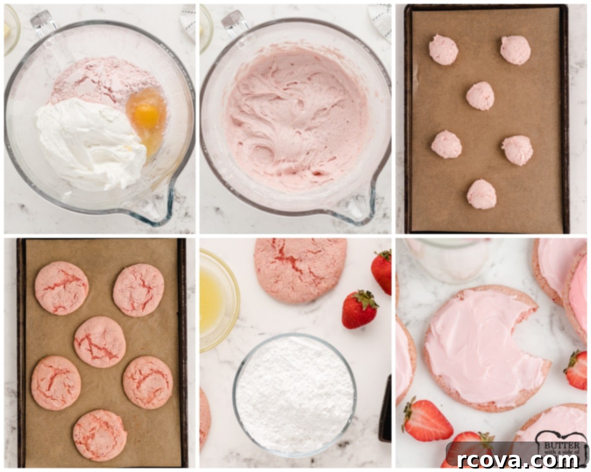 Strawberry Whipped Dream Cookies 4 Ingredients for strawberry cool whip cookies laid out on a table, including cake mix, cool whip, egg, and glaze ingredients