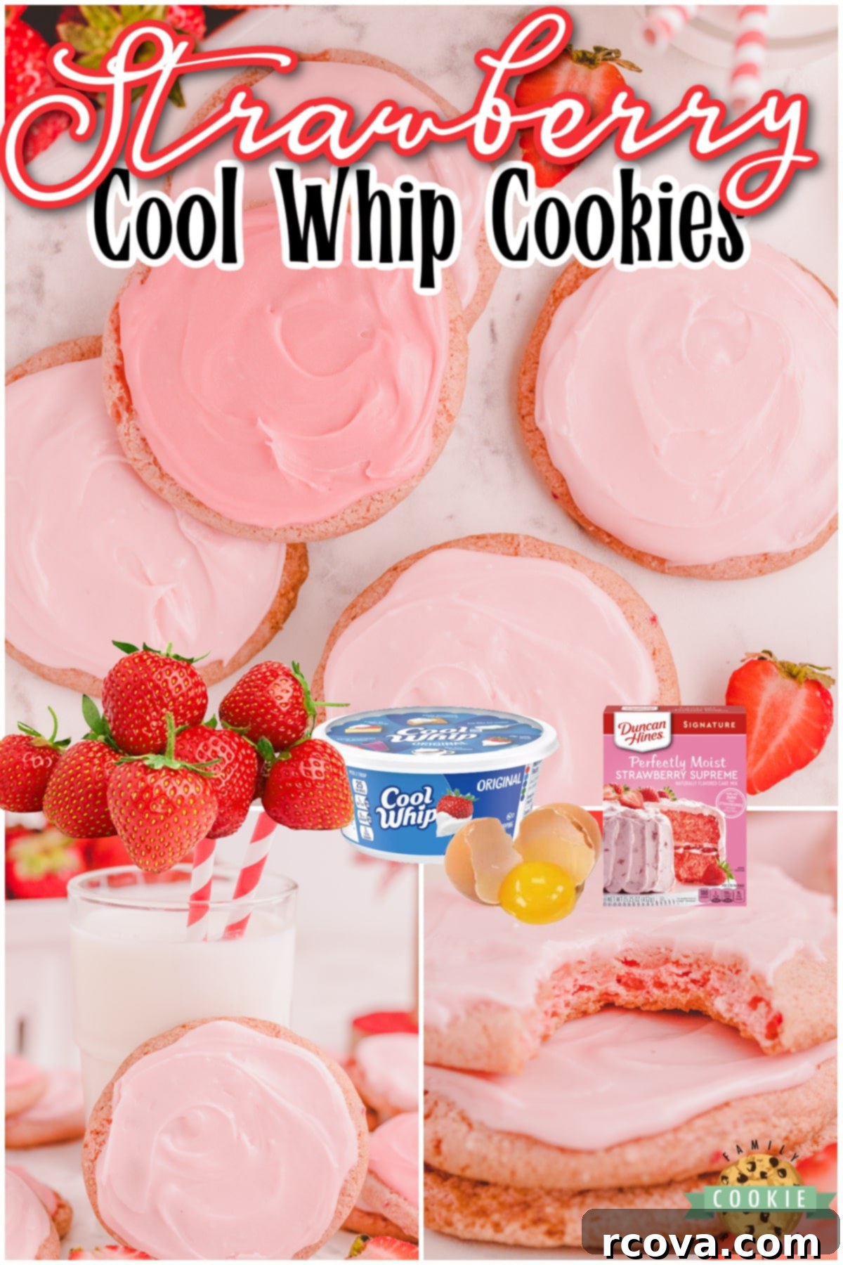 Strawberry Whipped Dream Cookies 6 Collage showing various stages of making Strawberry Cool Whip Cookies, from dough to finished product, highlighting the simple process and delicious outcome.