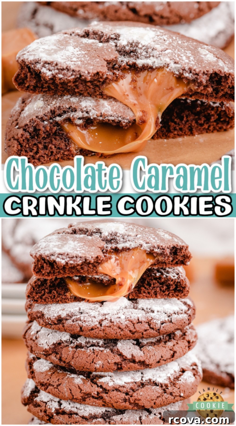 Chocolate Crinkles with a Caramel Heart 11 Caramel Chocolate Crinkle Cookies are a decadent combination of chewy caramel and soft chocolate cookies rolled in sweet powdered sugar. Fantastic twist on classic crinkle cookies that everyone loves!