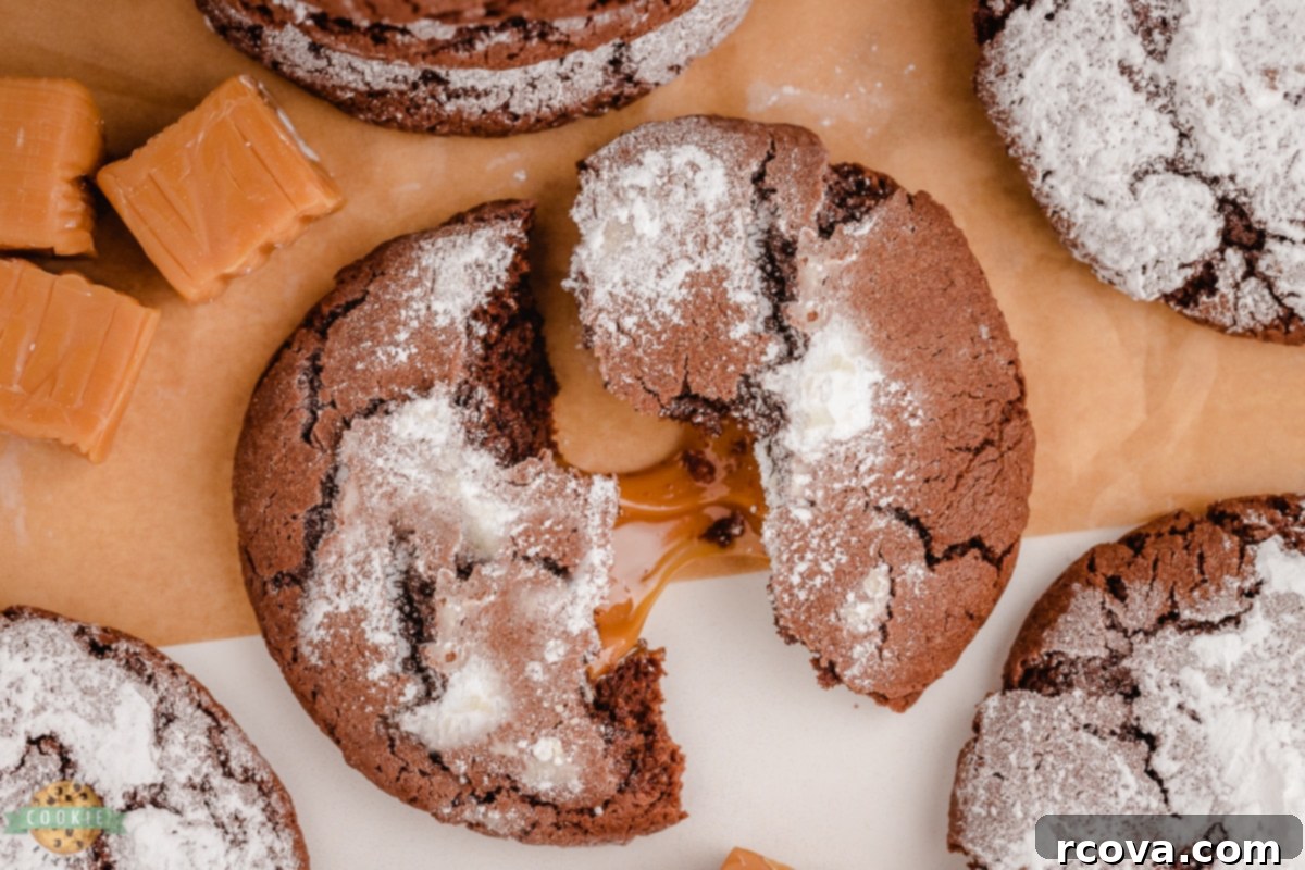 Chocolate Crinkles with a Caramel Heart 4 Ingredients for Caramel Chocolate Crinkle Cookies laid out on a table.