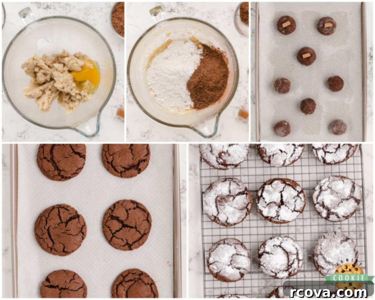 Chocolate Crinkles with a Caramel Heart 5 Step-by-step image showing how to stuff caramel into chocolate cookie dough for crinkle cookies.