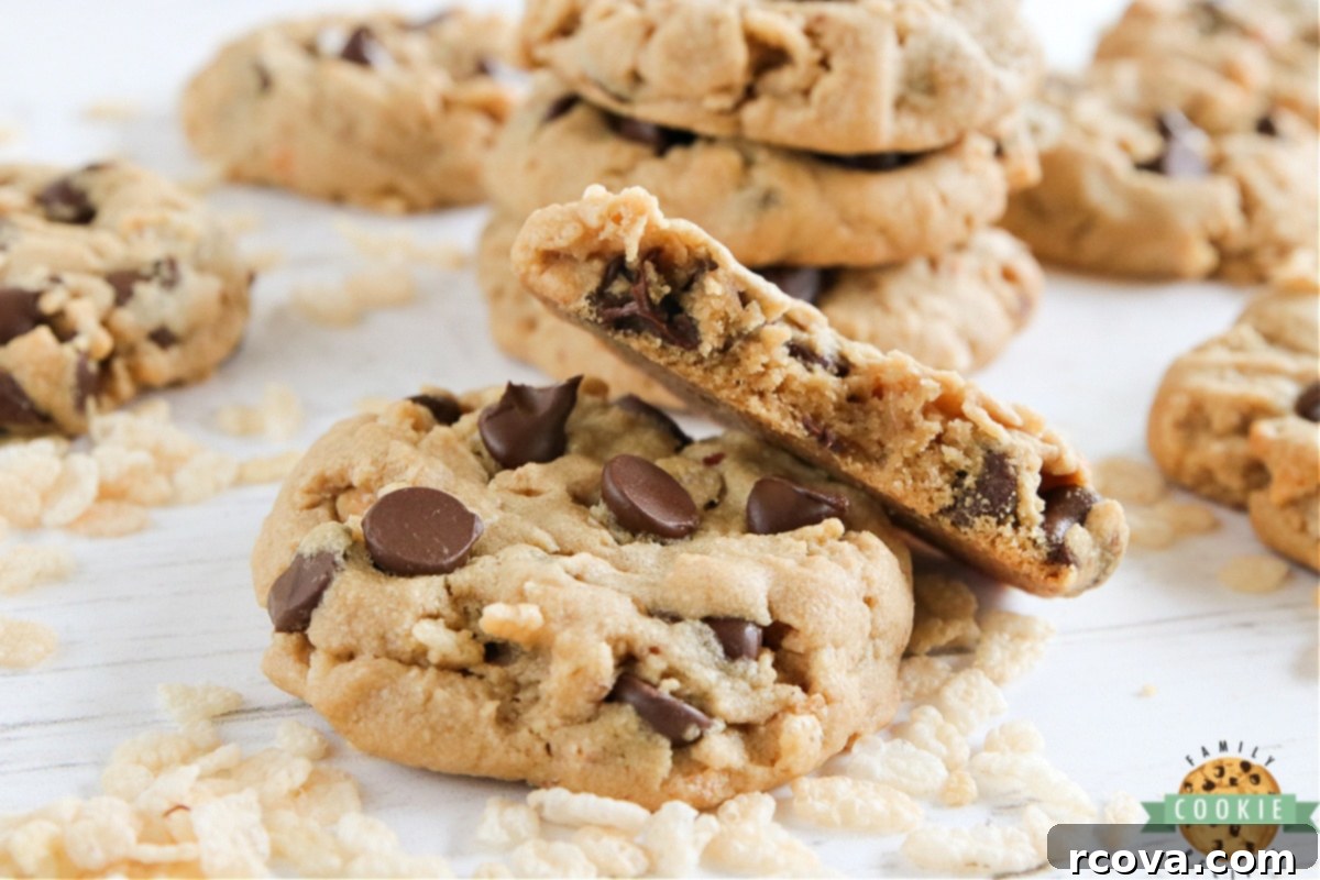 Peanut Butter Chocolate Krispie Crunch Cookies 3 Close-up of thick and soft peanut butter cookies generously studded with chocolate chips and Rice Krispies, cooling on a rack