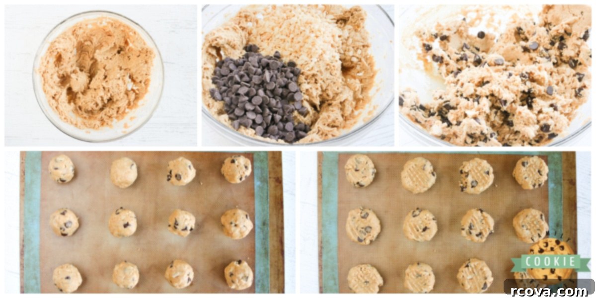Peanut Butter Chocolate Krispie Crunch Cookies 5 Step-by-step visuals showing the process of making Rice Krispie Chocolate Chip Peanut Butter Cookies, from mixing ingredients to shaping dough balls