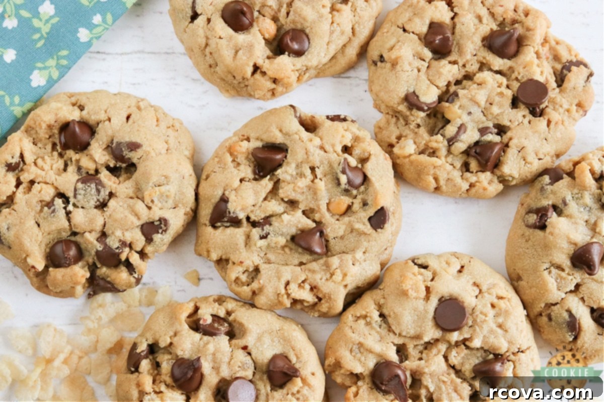 Peanut Butter Chocolate Krispie Crunch Cookies 8 A stack of golden-brown peanut butter cookies, generously filled with chocolate chips and crisp Rice Krispies cereal