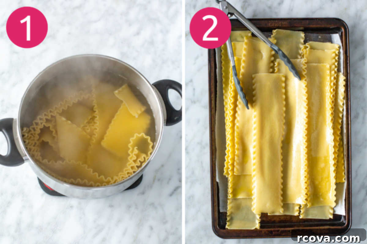 Effortless Lasagna Roll-Ups: A Delicious Family Meal 5 Steps 1 and 2: Lasagna noodles boiling in a large pot of salted water, laid flat on baking sheet