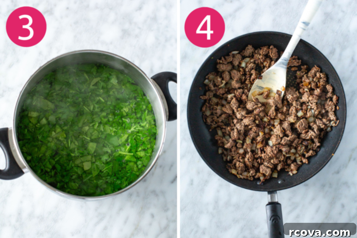 Effortless Lasagna Roll-Ups: A Delicious Family Meal 6 Steps 3 and 4: Add the spinach to the boiling water and cook for 30 seconds. Ground beef sautéing in a skillet with diced onions and garlic.