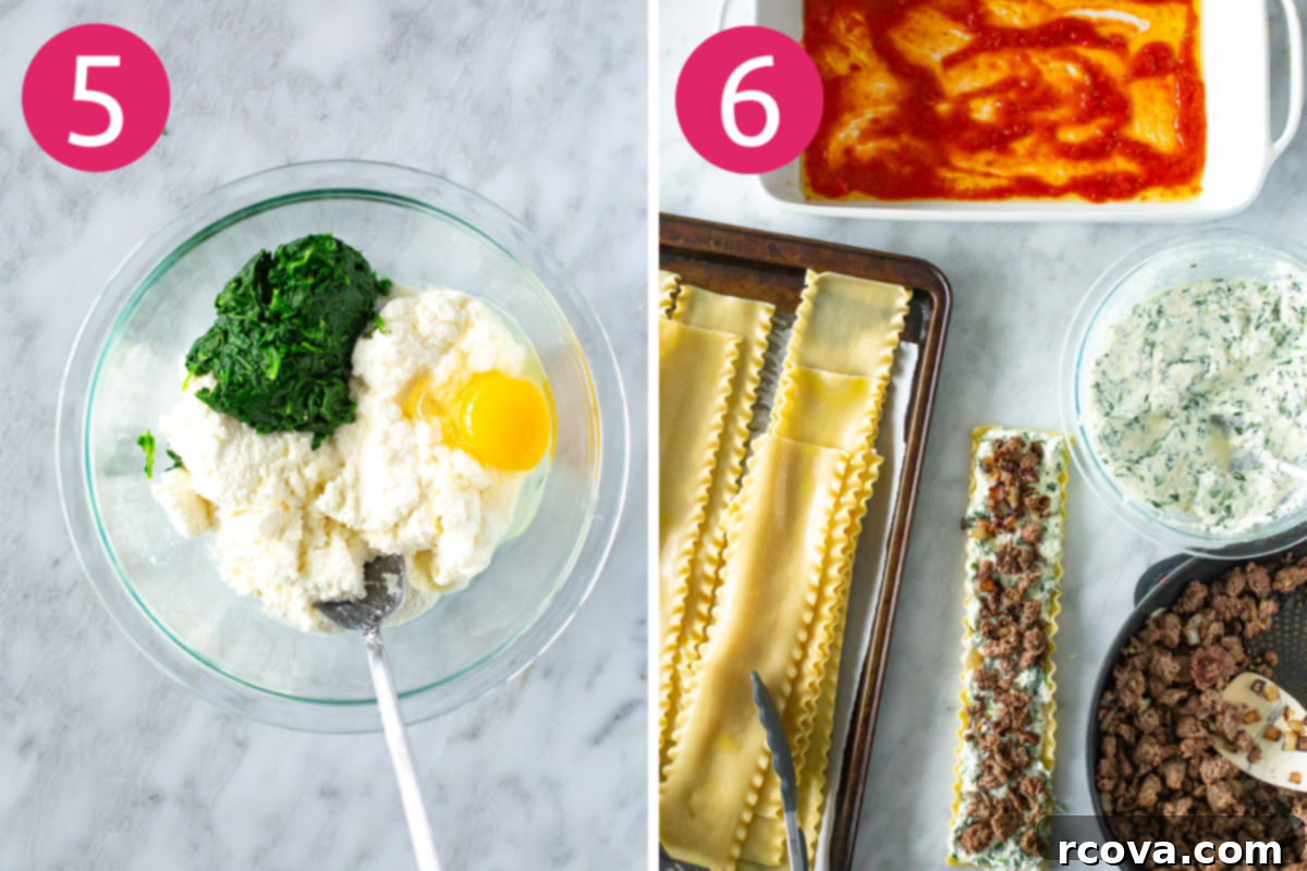 Effortless Lasagna Roll-Ups: A Delicious Family Meal 7 Steps 5 and 6: mix ricotta cheese, spinach, and egg, Spread the ricotta mixture and beef mixture on each lasagna noodle