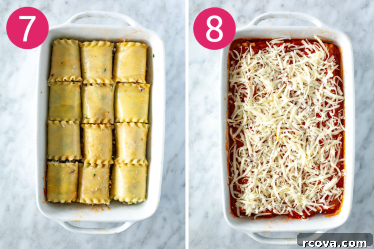 Effortless Lasagna Roll-Ups: A Delicious Family Meal 8 Steps 7 and 8: Roll lasagna noodles and line up in a baking dish. Cover with pasta sauce and shredded mozzarella.