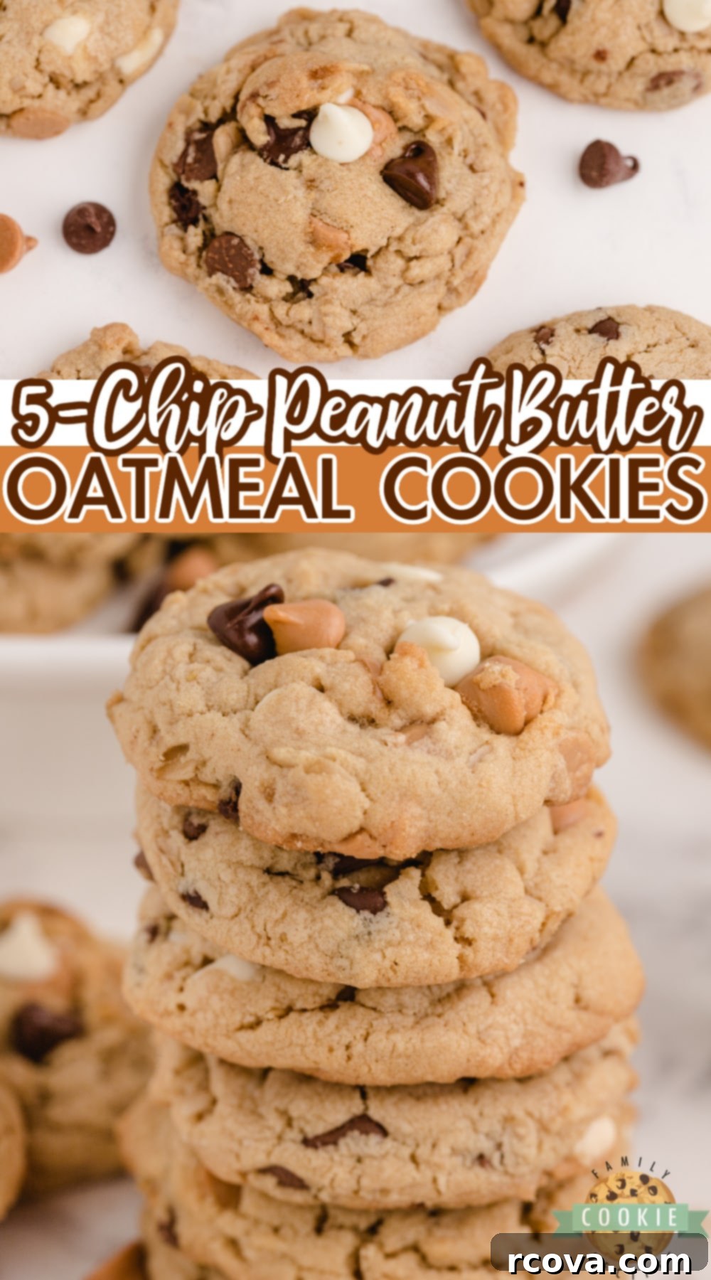 Decadent Five-Chip Peanut Butter Oatmeal Treats 12 Five Chip Peanut Butter Oatmeal Cookies are soft, chewy and filled with five different kinds of baking chips! Milk chocolate, semisweet chocolate, peanut butter, vanilla and butterscotch chips make these oatmeal peanut butter cookies absolutely amazing!
