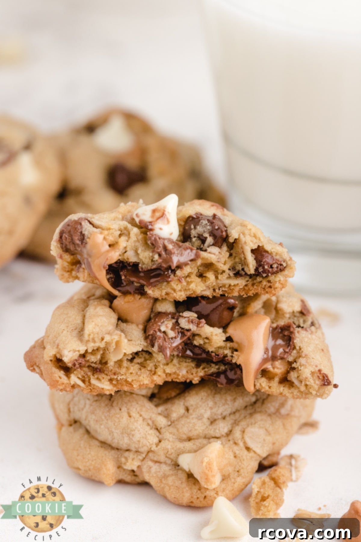 Decadent Five-Chip Peanut Butter Oatmeal Treats 10 Five Chip Peanut Butter Oatmeal Cookies are soft, chewy and filled with five different kinds of baking chips! Milk chocolate, semisweet chocolate, peanut butter, vanilla and butterscotch chips make these oatmeal peanut butter cookies absolutely amazing!