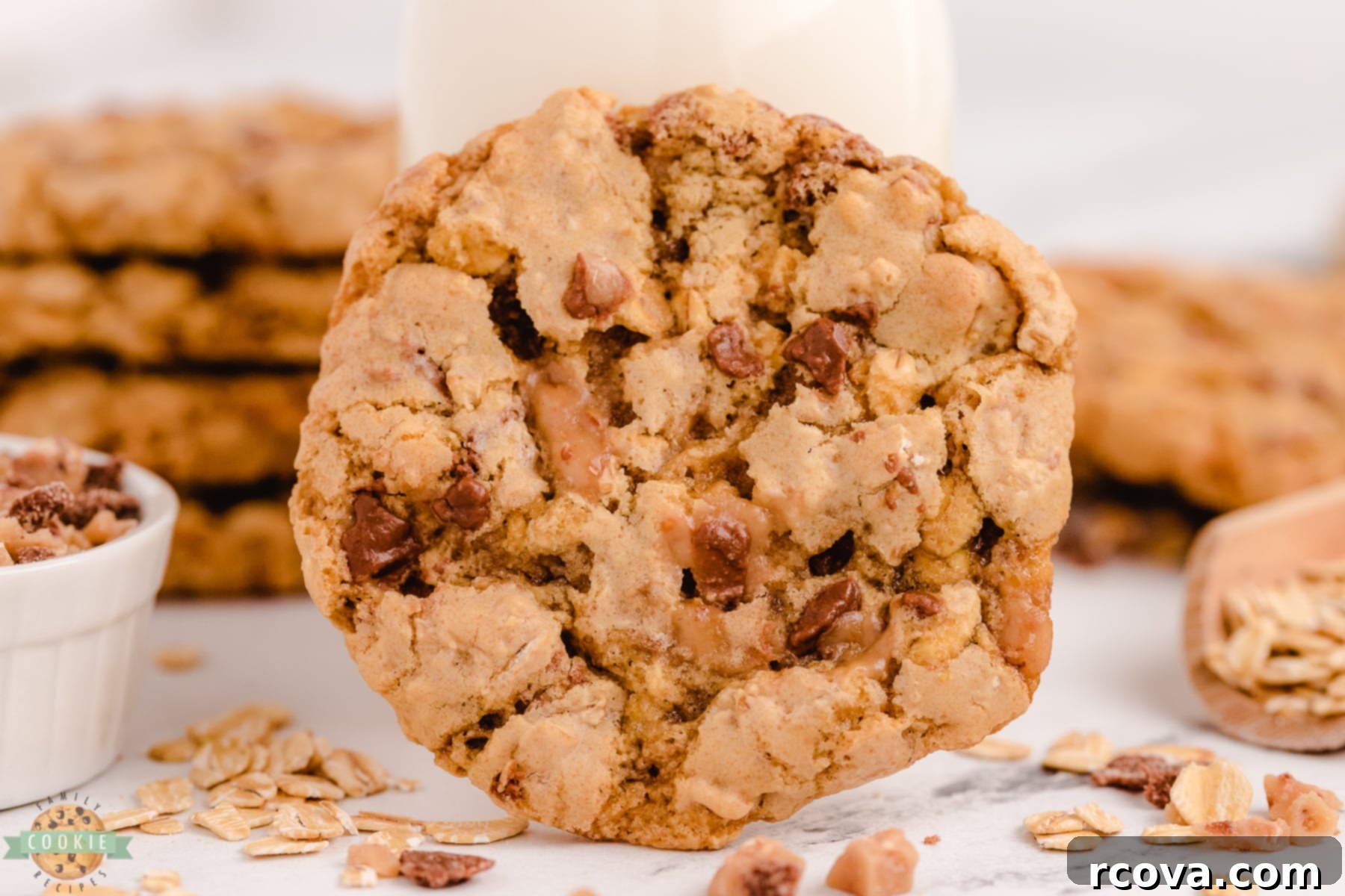 Chewy Toffee Oatmeal Delights 2 Single Toffee Oatmeal Cookie, perfectly golden brown with visible oats and toffee pieces