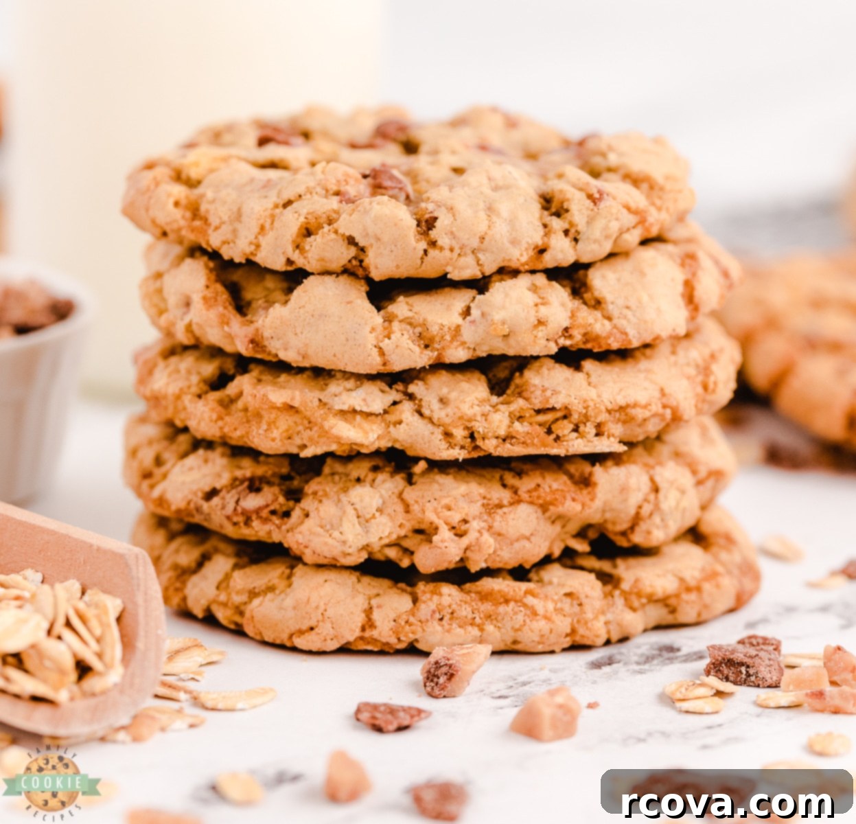 Chewy Toffee Oatmeal Delights 3 Stack of four warm Toffee Oatmeal Cookies, showing their golden color and texture