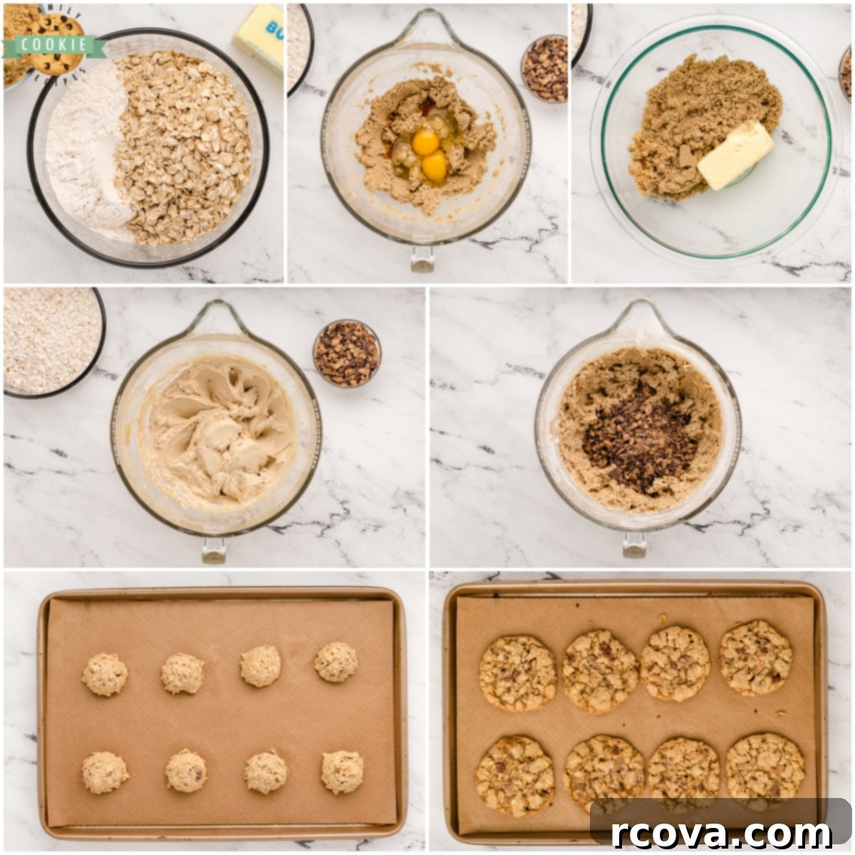 Chewy Toffee Oatmeal Delights 5 Collage showing step-by-step process of making Oatmeal Toffee Cookies