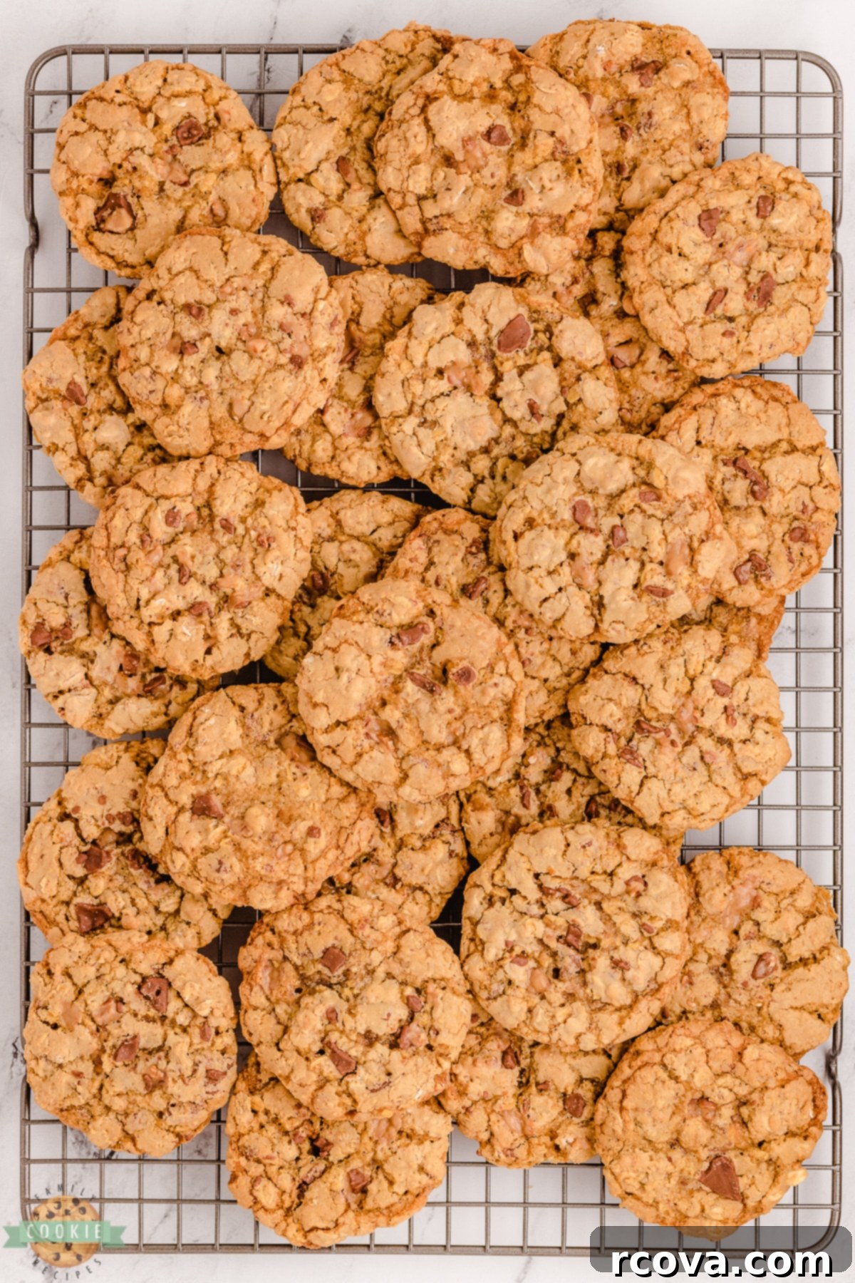 Chewy Toffee Oatmeal Delights 6 Freshly baked Oatmeal Toffee Cookies cooling on a wire rack