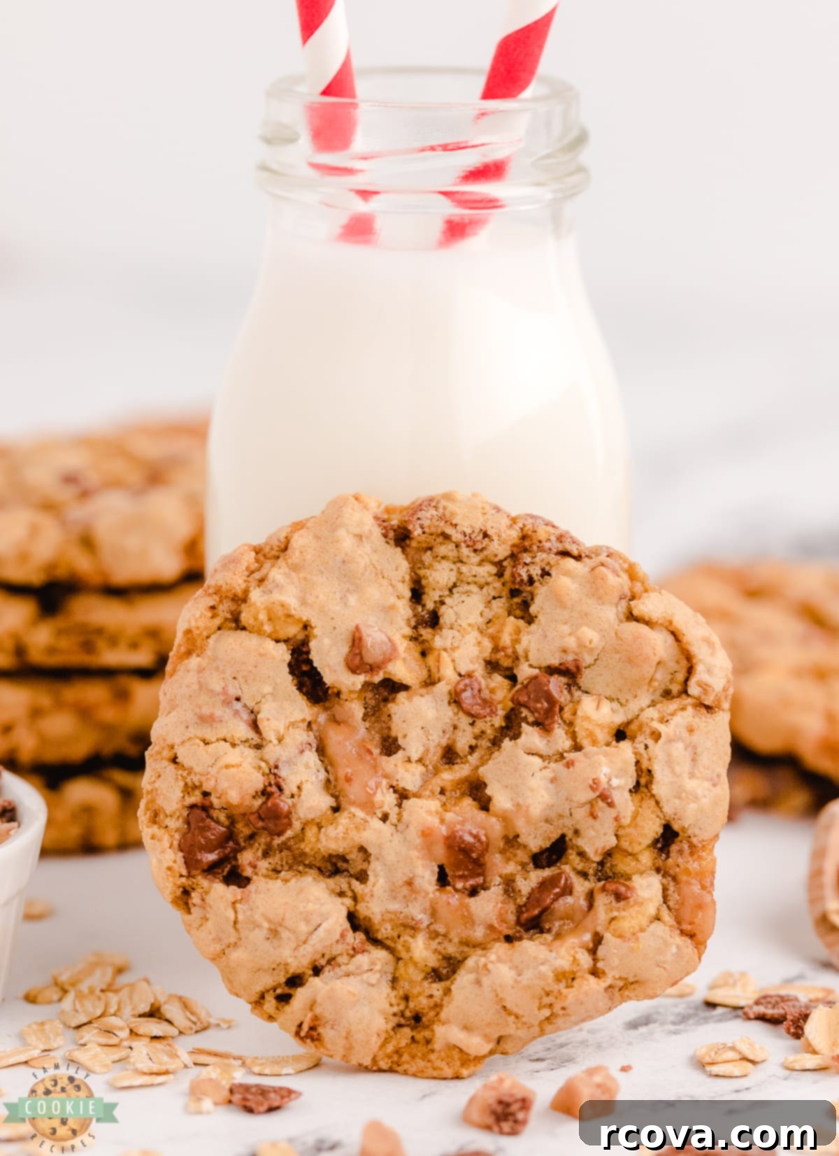 Chewy Toffee Oatmeal Delights 10 Oatmeal Toffee Cookies served with a glass of milk