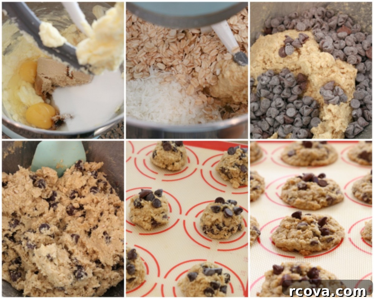 Tropical Chocolate Chip Oat Delights 4 Detailed shot of ingredients being prepared for chocolate chip coconut oatmeal cookies, highlighting the creamy texture of the wet mixture.