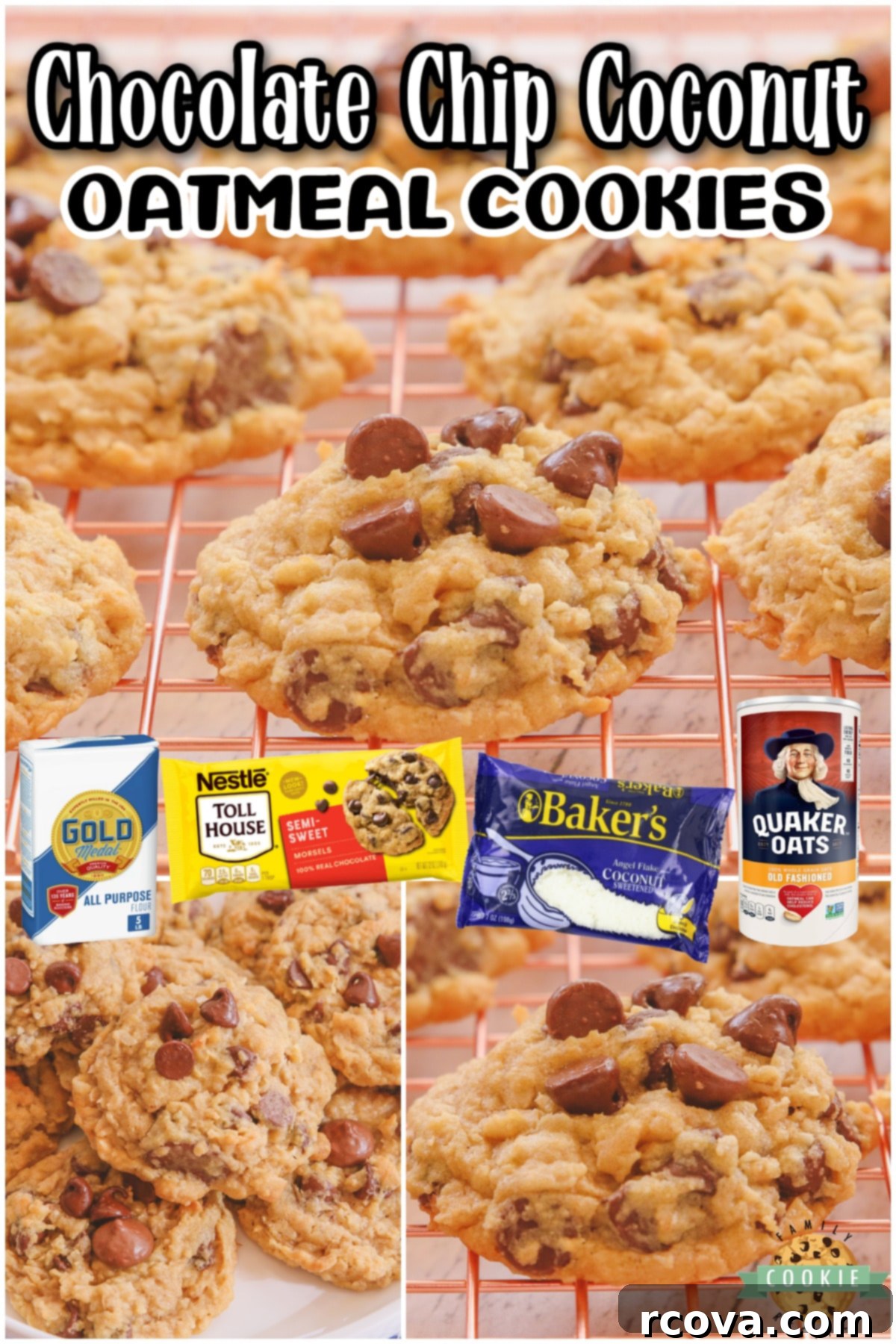 Tropical Chocolate Chip Oat Delights 6 A collage of chocolate chip coconut oatmeal cookies, showing different angles and ingredients, highlighting their irresistible appeal.