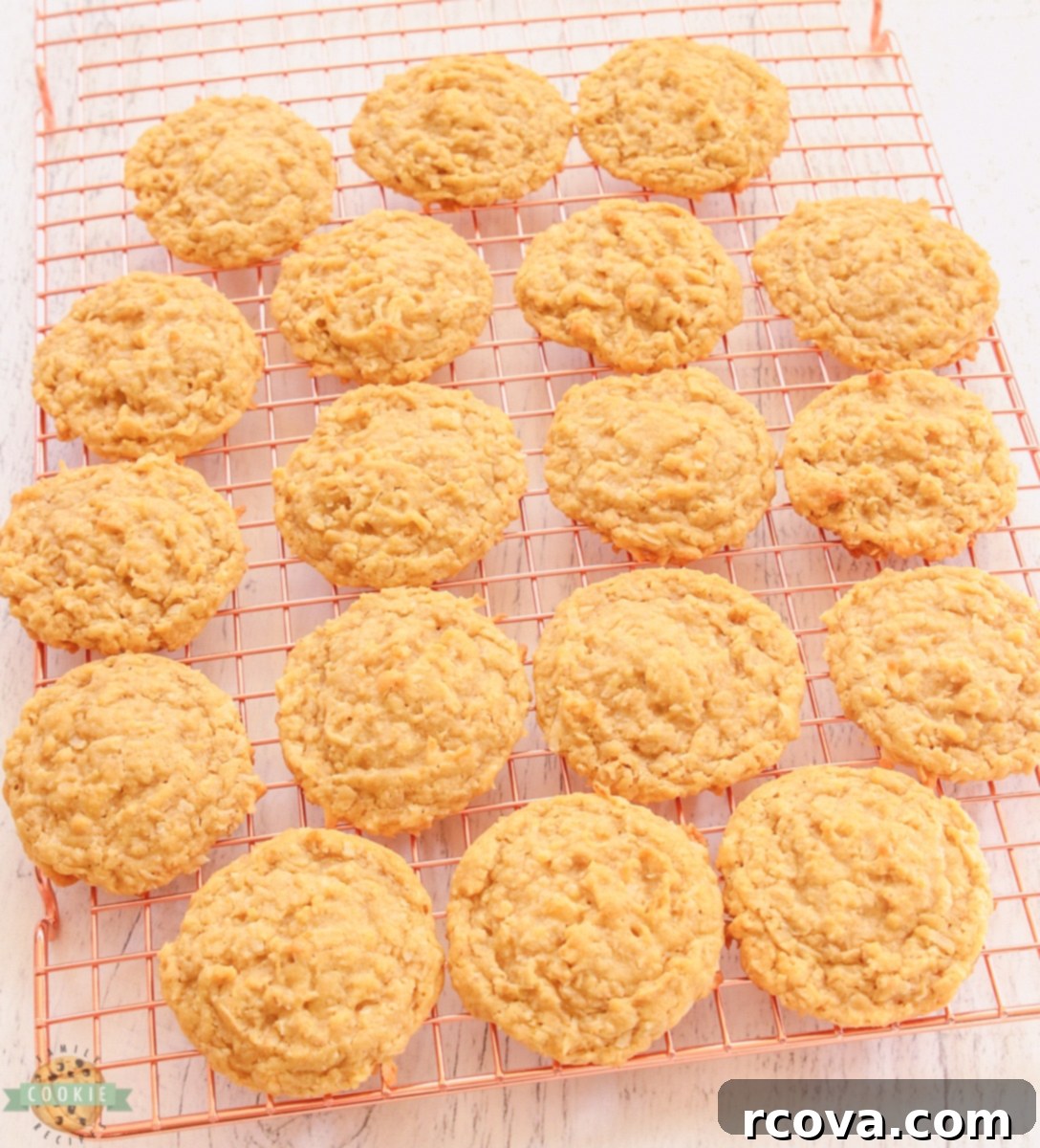 Chewy Coconut Oatmeal Delights 6 A batch of freshly baked coconut oatmeal cookies cooling on a wire rack, perfectly golden brown and inviting.